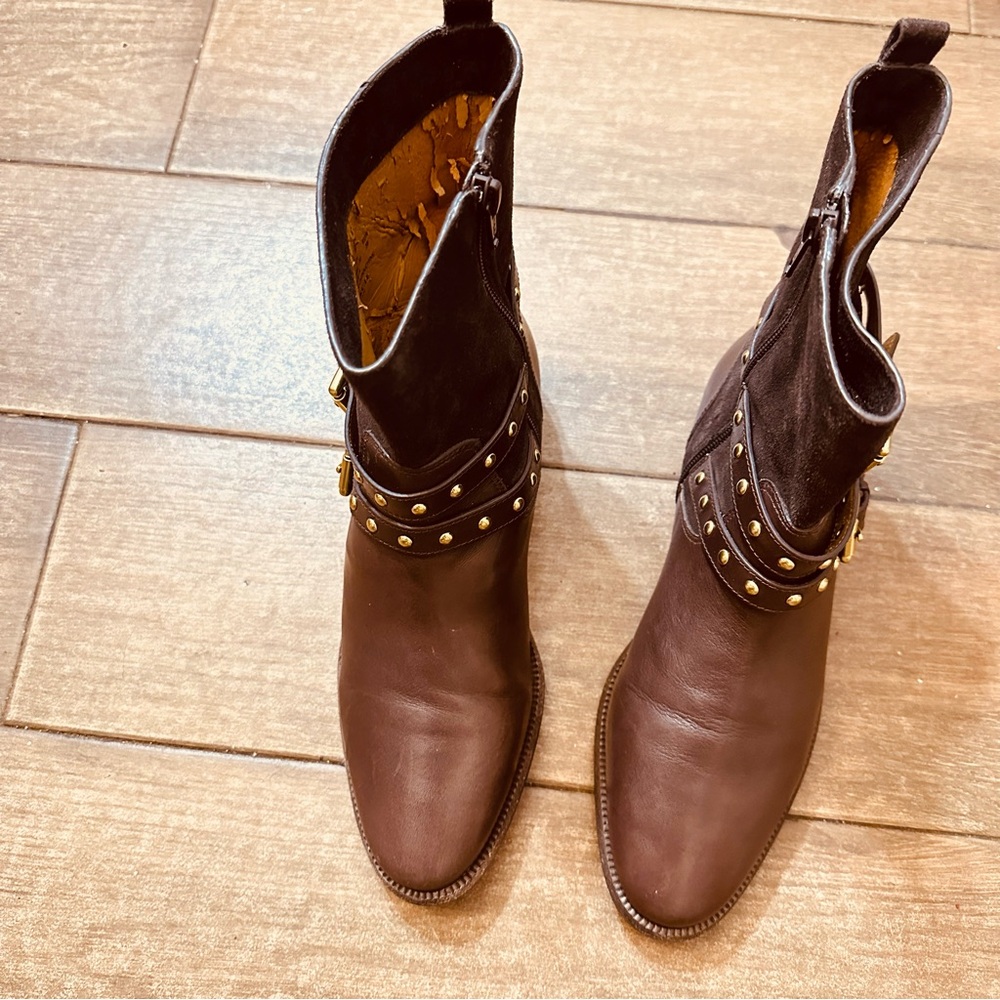 Coach Lillianna Suede & Leather Detail Studded Buckle Boots in Brown (Size 8B) - Picture 12 of 12